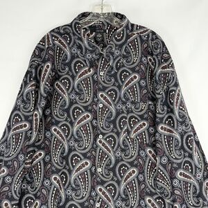VISITOR Men’s Black 100% Silk Long Sleeve Shirt Size XL Paisley Print